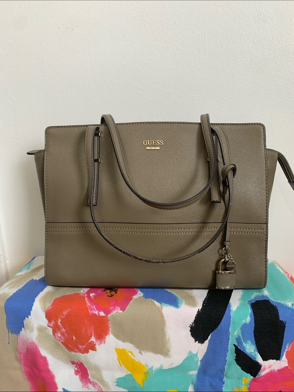 GUESS Olive Taupe Structured Tote with Gold Logo